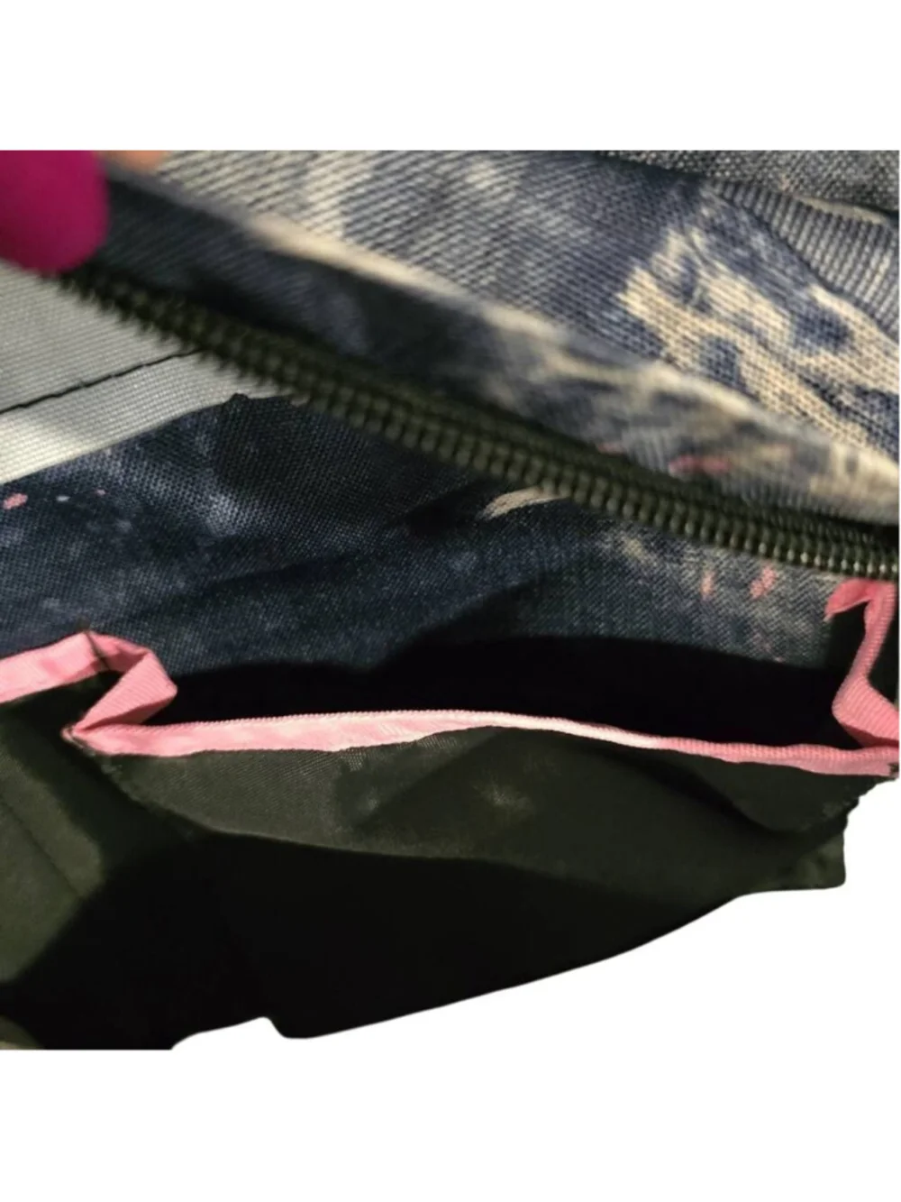 Jansport Superbreak Nylon Backpack Blue Pink Distressed Denim Look Front Zipper